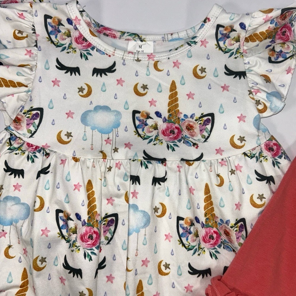 Girls 3T Medium Unicorn Ruffle Dress Shorts Set White Peach Orange Outfit - Picture 3 of 5